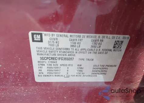 2015 Chevrolet Silverado 1500 1Lt from USA, damaged, VIN 3GCPCREC1FG369287